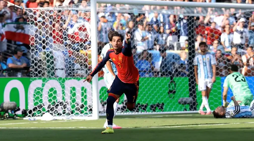 Ferran Torres celebrates after scoring Spain's World Cup-winning goal in extra time. - Patrick Smith/FIFA/FIFA via Getty Images