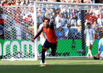 Ferran Torres celebrates after scoring Spain's World Cup-winning goal in extra time. - Patrick Smith/FIFA/FIFA via Getty Images