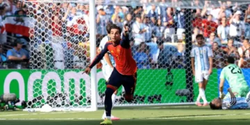 Ferran Torres celebrates after scoring Spain's World Cup-winning goal in extra time. - Patrick Smith/FIFA/FIFA via Getty Images