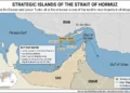 Map showing the strategic islands near the Strait of Hormuz and major shipping routes. — Graphic: JournosNews