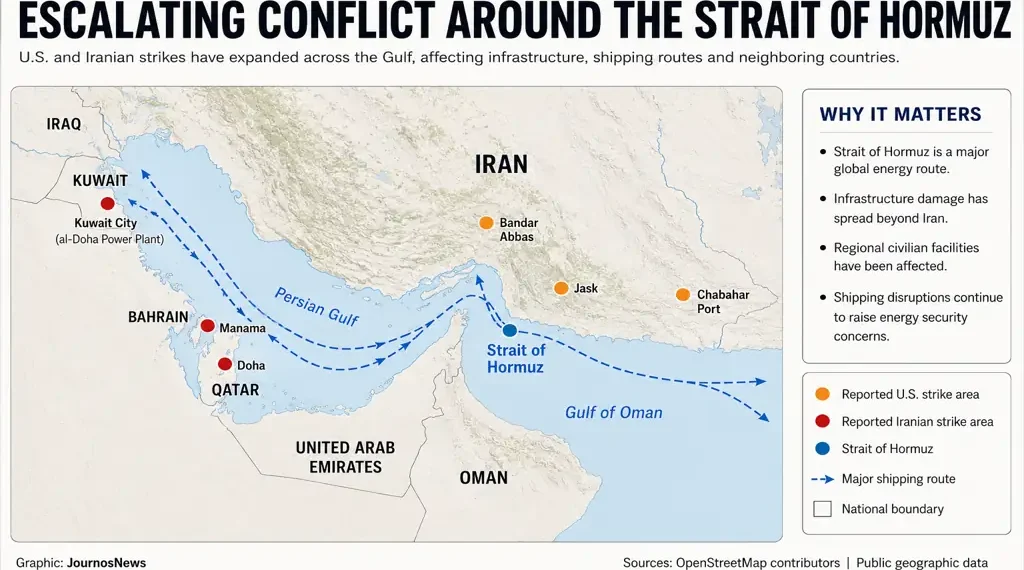 Map showing escalating conflict around the Strait of Hormuz and key regional locations. — Graphic: JournosNews (File)