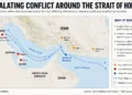 Map showing escalating conflict around the Strait of Hormuz and key regional locations. — Graphic: JournosNews (File)