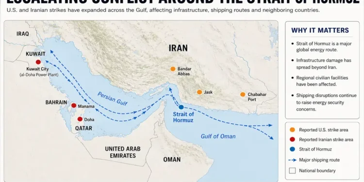 Map showing escalating conflict around the Strait of Hormuz and key regional locations. — Graphic: JournosNews (File)