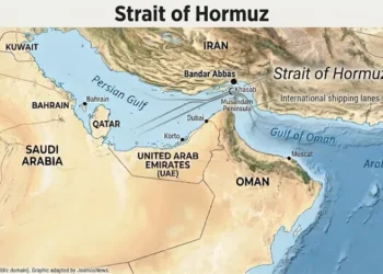 Relief map of the Strait of Hormuz showing Iran, Oman, the United Arab Emirates, the Persian Gulf, the Gulf of Oman, Bandar Abbas, and the international shipping lanes through the strategic waterway.