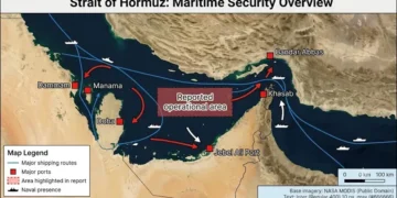 Editorial map of the Strait of Hormuz showing major shipping routes, regional ports, and the reported operational area between Iran, Oman, and the United Arab Emirates.