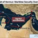 Editorial map of the Strait of Hormuz showing major shipping routes, regional ports, and the reported operational area between Iran, Oman, and the United Arab Emirates.