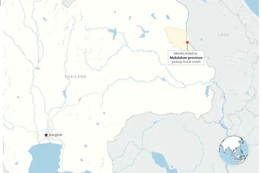 Emergency responders at the scene after a pickup truck struck Buddhist monks in Thailand. - © OpenStreetMap contributors - Graphic: Will Jarrett Associated Press