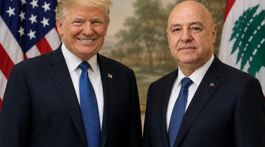 Editorial composite showing U.S. President Donald Trump and Lebanese President Joseph Aoun standing side by side before their respective national flags.