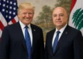Editorial composite showing U.S. President Donald Trump and Lebanese President Joseph Aoun standing side by side before their respective national flags.
