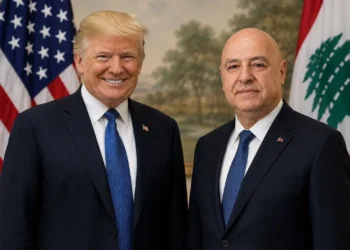 Editorial composite showing U.S. President Donald Trump and Lebanese President Joseph Aoun standing side by side before their respective national flags.