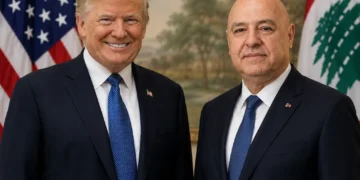 Editorial composite showing U.S. President Donald Trump and Lebanese President Joseph Aoun standing side by side before their respective national flags.