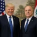 Editorial composite showing U.S. President Donald Trump and Lebanese President Joseph Aoun standing side by side before their respective national flags.