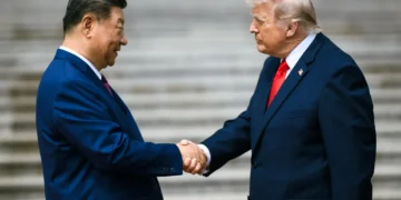 President Donald Trump and Chinese President Xi Jinping participate in a welcome ceremony at the Great Hall of the People in Beijing, China.
