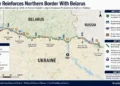 Map showing Ukraine's fortified northern border with Belarus, highlighting defensive positions, former border crossings, and security measures along the frontier.