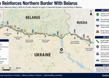 Map showing Ukraine's fortified northern border with Belarus, highlighting defensive positions, former border crossings, and security measures along the frontier.