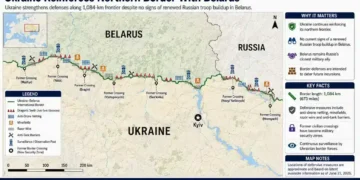 Map showing Ukraine's fortified northern border with Belarus, highlighting defensive positions, former border crossings, and security measures along the frontier.