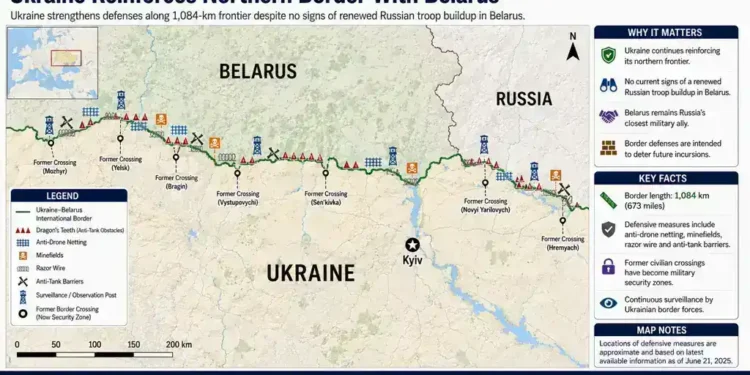Map showing Ukraine's fortified northern border with Belarus, highlighting defensive positions, former border crossings, and security measures along the frontier.