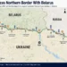 Map showing Ukraine's fortified northern border with Belarus, highlighting defensive positions, former border crossings, and security measures along the frontier.