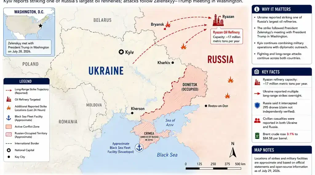 JournosNews regional map showing reported long-range Ukrainian strikes targeting locations in western Russia, including the Ryazan oil refinery, alongside conflict areas in Ukraine and occupied territories.