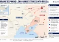 JournosNews regional map showing reported long-range Ukrainian strikes targeting locations in western Russia, including the Ryazan oil refinery, alongside conflict areas in Ukraine and occupied territories.