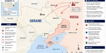 JournosNews regional map showing reported long-range Ukrainian strikes targeting locations in western Russia, including the Ryazan oil refinery, alongside conflict areas in Ukraine and occupied territories.