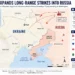 JournosNews regional map showing reported long-range Ukrainian strikes targeting locations in western Russia, including the Ryazan oil refinery, alongside conflict areas in Ukraine and occupied territories.
