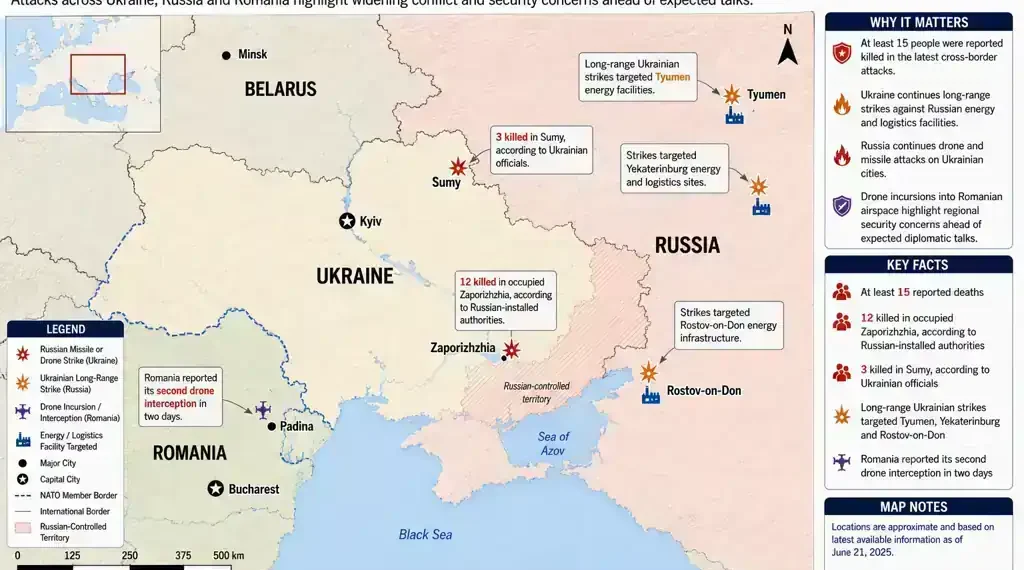 Map showing cross-border strikes across Ukraine, Russia, and Romania, highlighting reported attack locations, energy facilities, and regional security developments.