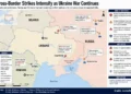 Map showing cross-border strikes across Ukraine, Russia, and Romania, highlighting reported attack locations, energy facilities, and regional security developments.