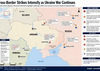 Map showing cross-border strikes across Ukraine, Russia, and Romania, highlighting reported attack locations, energy facilities, and regional security developments.