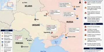 Map showing cross-border strikes across Ukraine, Russia, and Romania, highlighting reported attack locations, energy facilities, and regional security developments.