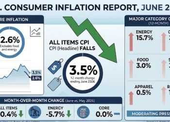 Editorial infographic summarizing the U.S. Consumer Price Index (CPI) for June 2026, including headline inflation, core inflation, month-over-month changes, and major category price movements.