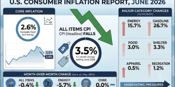 Editorial infographic summarizing the U.S. Consumer Price Index (CPI) for June 2026, including headline inflation, core inflation, month-over-month changes, and major category price movements.