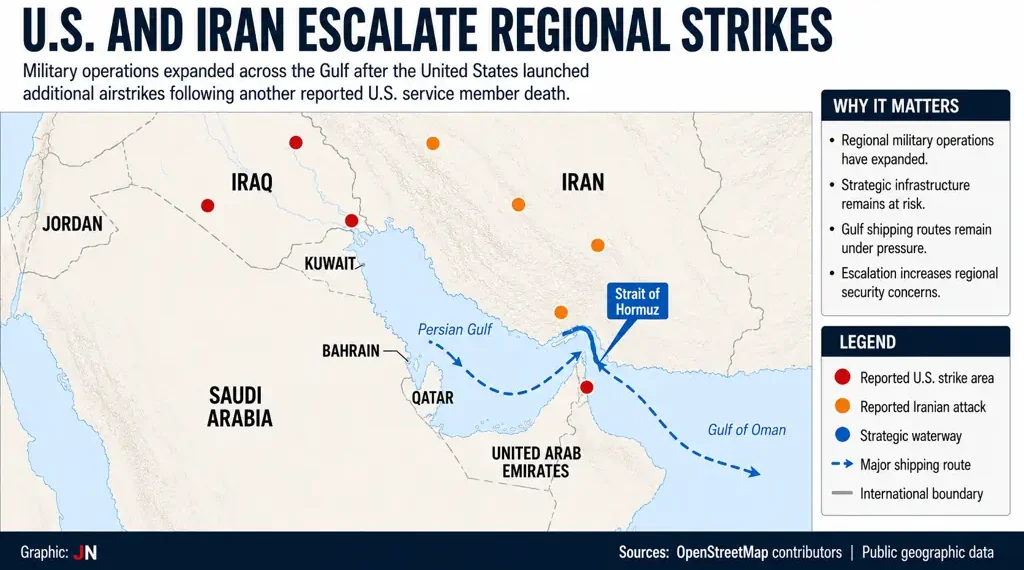 Editorial map showing reported U.S. and Iranian military activity, the Strait of Hormuz, and Gulf shipping routes. – Image Graphic/JournosNews (File)
