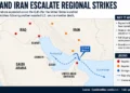 Editorial map showing reported U.S. and Iranian military activity, the Strait of Hormuz, and Gulf shipping routes. – Image Graphic/JournosNews (File)