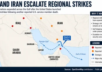 Editorial map showing reported U.S. and Iranian military activity, the Strait of Hormuz, and Gulf shipping routes. – Image Graphic/JournosNews (File)