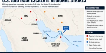 Editorial map showing reported U.S. and Iranian military activity, the Strait of Hormuz, and Gulf shipping routes. – Image Graphic/JournosNews (File)