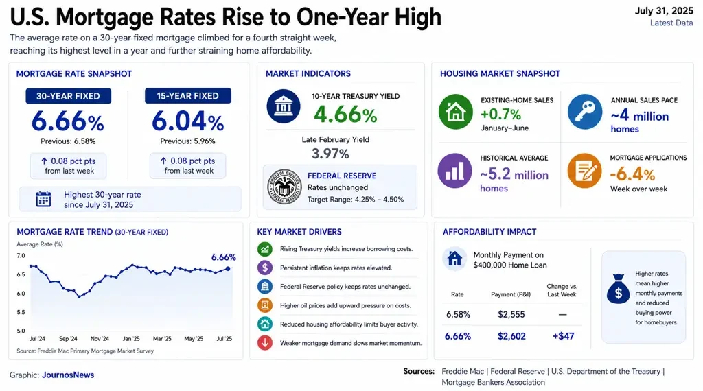 Business dashboard showing U.S. mortgage rates, Treasury yields, housing market indicators, affordability data, and mortgage rate trends as of July 31, 2025.