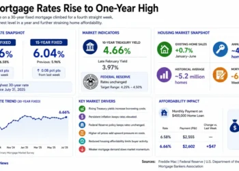 Business dashboard showing U.S. mortgage rates, Treasury yields, housing market indicators, affordability data, and mortgage rate trends as of July 31, 2025.