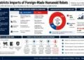 JournosNews infographic explaining U.S. restrictions on imports of foreign-made humanoid robots, comparing U.S. and China robotics industries, global market share, policy timeline, and key restrictions.