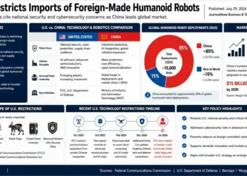 JournosNews infographic explaining U.S. restrictions on imports of foreign-made humanoid robots, comparing U.S. and China robotics industries, global market share, policy timeline, and key restrictions.