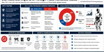 JournosNews infographic explaining U.S. restrictions on imports of foreign-made humanoid robots, comparing U.S. and China robotics industries, global market share, policy timeline, and key restrictions.