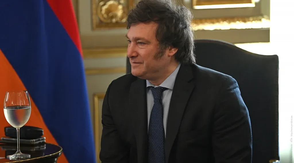 Armenian President Vahagn Khachaturyan meets with Argentine President-elect Javier Milei during a meeting in Yerevan, Armenia.