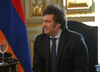 Armenian President Vahagn Khachaturyan meets with Argentine President-elect Javier Milei during a meeting in Yerevan, Armenia.