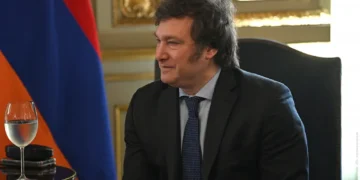 Armenian President Vahagn Khachaturyan meets with Argentine President-elect Javier Milei during a meeting in Yerevan, Armenia.