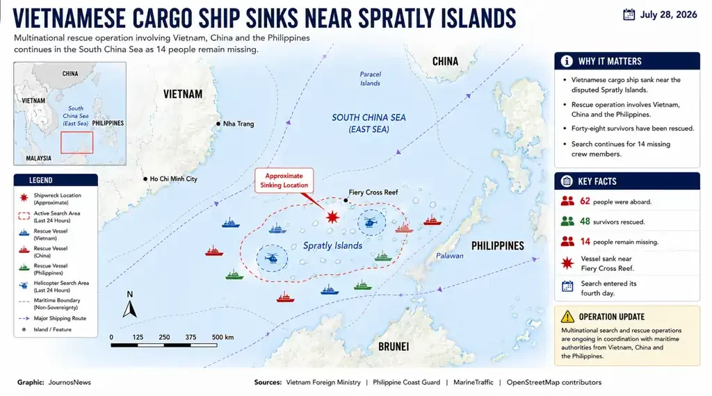 Editorial locator map showing the Vietnamese cargo ship sinking near the Spratly Islands, rescue search areas, nearby maritime routes, and participating rescue vessels in the South China Sea.