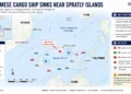 Editorial locator map showing the Vietnamese cargo ship sinking near the Spratly Islands, rescue search areas, nearby maritime routes, and participating rescue vessels in the South China Sea.