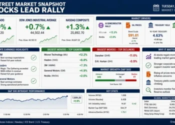 Financial dashboard summarizing Wall Street market performance, major stock indexes, corporate earnings, AI-driven gains, market breadth, and key economic indicators.