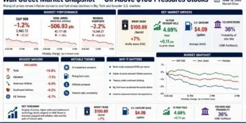 Financial dashboard summarizing Wall Street market performance as oil prices rose above $100 per barrel, weighing on major U.S. stock indexes.