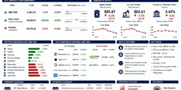 Market dashboard showing mixed U.S. stock performance, falling oil prices, Treasury yields, sector performance, and market indicators ahead of the Federal Reserve's interest rate decision.