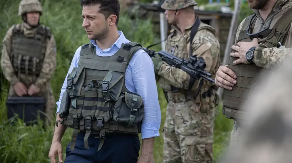 Ukrainian President Volodymyr Zelenskyy visits troops at a frontline position in eastern Ukraine during an official military visit.